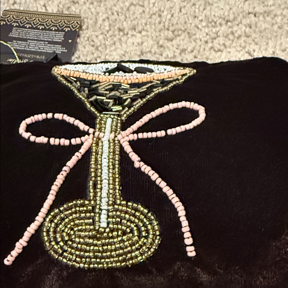 Brown Espresso Martini Velvet Cosmetic Bag with Beaded Cocktail Design Pink New - Picture 2 of 8